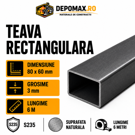 Teava rectangulara 80 x 60 x 3 mm, 6 metri